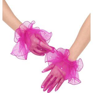 Women's Hot Pink Evening Tulle Mesh Short Gloves Formal Costume Wedding Party